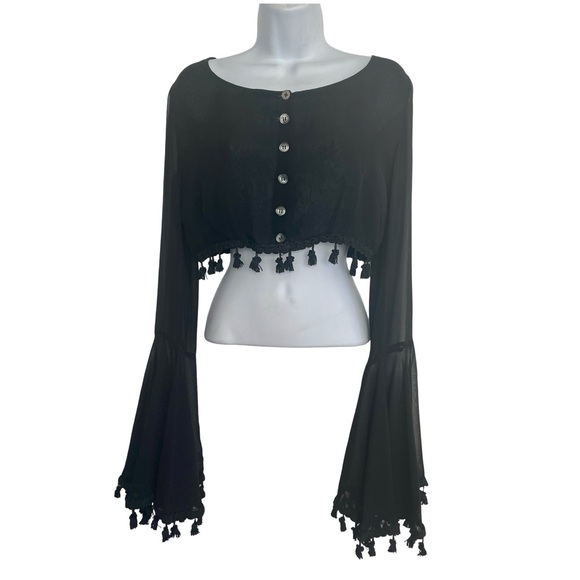 🎉HP🎉 Rare Vintage Dolce & Gabbana Sheer Black Top w/Tassels & Bell Sleeves IT 42 - Picture 3 of 13